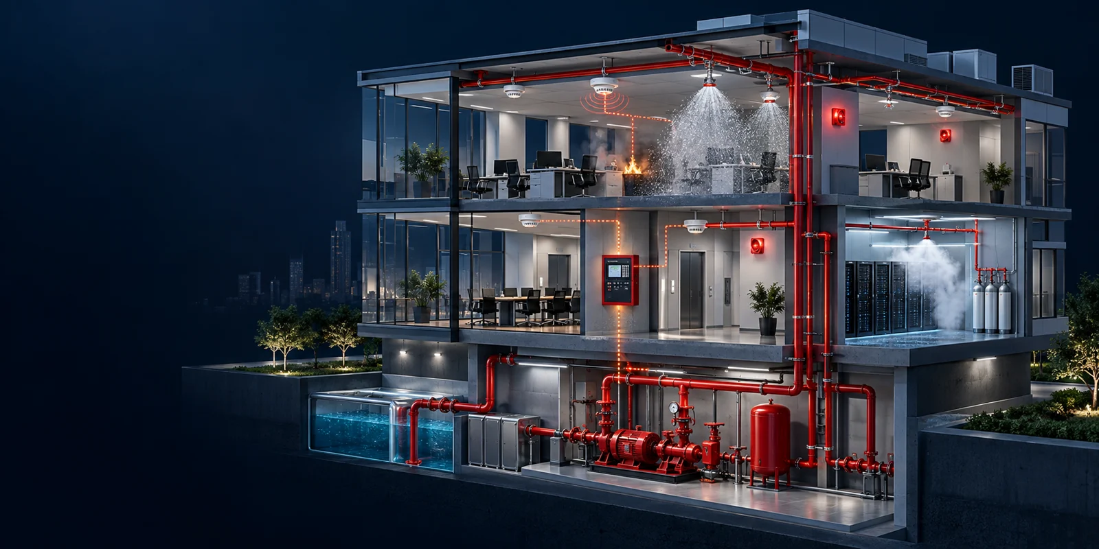 Integrated fire detection, alarm, sprinkler, fire pump and clean-agent protection systems in a commercial building